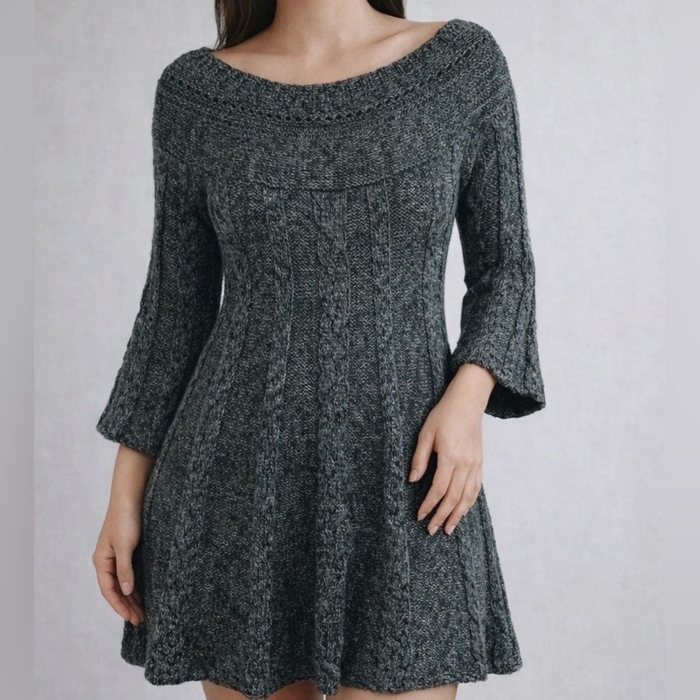 Free People Gray Cable Knit Bell Sleeve Sweater Dress M Wool Blend